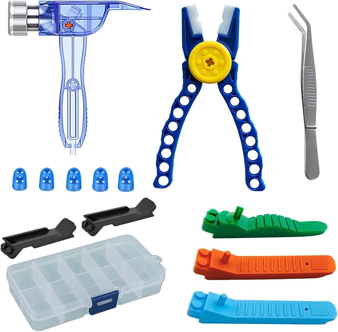 Building Blocks Tool Kit Brick Separator Tools Compatible with Lego &Technic Mini Blocks Tool Set Multi-Functional Hammer Pliers Tweezers Finger Protectors with Tin Box (Blue)
