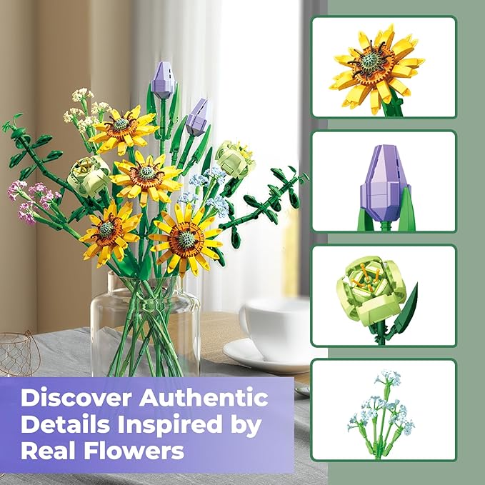 Contixo Flowers Bouquet Building Blocks Set - BK04 Artifical Sunflower Botanical Collection Kids Building Toys Kit 975 PCS, Home Plant Decor Toy Gift for Adults Kids Girls Ages 6+
