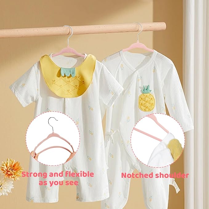 ManGotree 10.95" Baby Velvet Hangers, Non-Slip Infant Coat Hangers, Ultra-Thin Toddler Felt Hangers with 360° Swivel Hook, Space Saving Children's Hangers for Kids Clothes, 48 Pack (Pink)