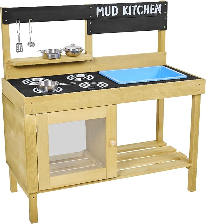 TP Toys, Kids Mud Kitchen | Backyard Kitchen Playset with Pretend Play Kitchen Accessories & Water Pan for Preschool Outdoor Play | for Ages 3-8 | Sustainable Sourcing from FSC Certified Timber.