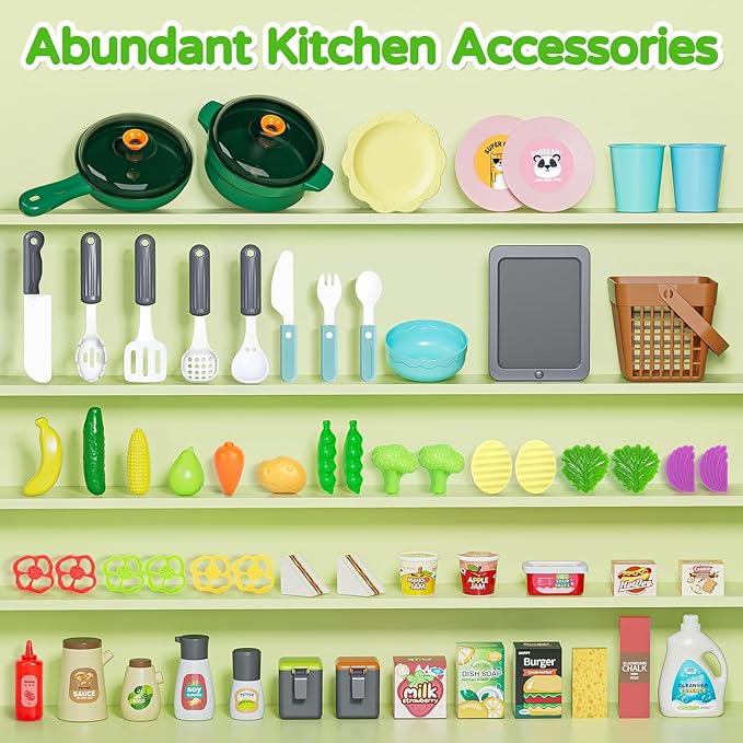 Letapapa Kids Pretend Play Kitchen Set, Kitchen Toys with Realistic Sound & Light, Cooking Stove, Sink, Play Food and Kitchen Accessories, Pretend Kitchen Playset Gifts for Toddlers Girls Boys