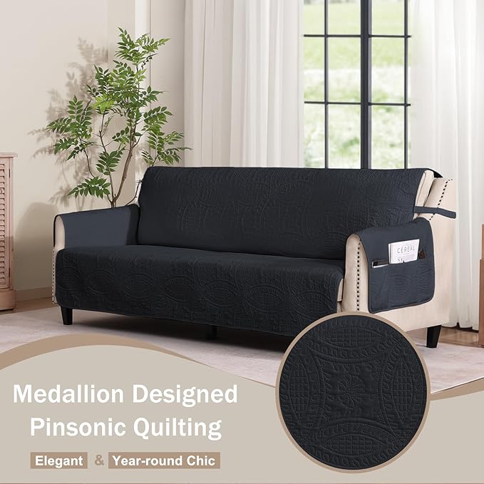 Soft Quilted Couch Cover, Medallion Designed Anti-Slip Blue Gray Sofa Slipcovers for 3 Cushion, Pet Friendly Sofa Cover for Dogs Cats Water-Repellent Washable (Large Sofa 68", Blue Gray)