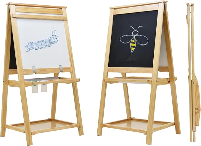 Little Partners Folding EZ Painting Easel for Kids, Dual-Sided Art Easel for Kids Art Station, Folds Flat with Chalkboard, Dry Erase Whiteboard, Paper, Eraser, Paint Cups, Shelf (Natural)