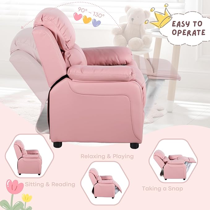 Macaron Kids Reclining Chair Recliner Dual Storage Armrest Leather Sofa Toddler Youth Children Child Ages 2-8