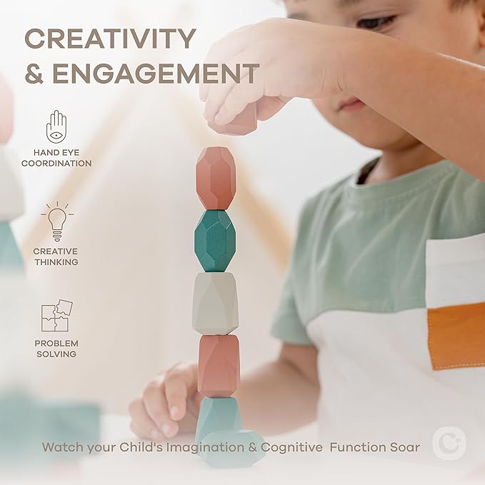 Comfy Cubs Stacking Rocks 36 Pieces, 36 Months+, Educational Toddler Stacking Blocks, Promotes Imagination, Balance & Fine Motor Skills - Wooden Rocks Sensory Toys Gift for Kid, Dino Pack