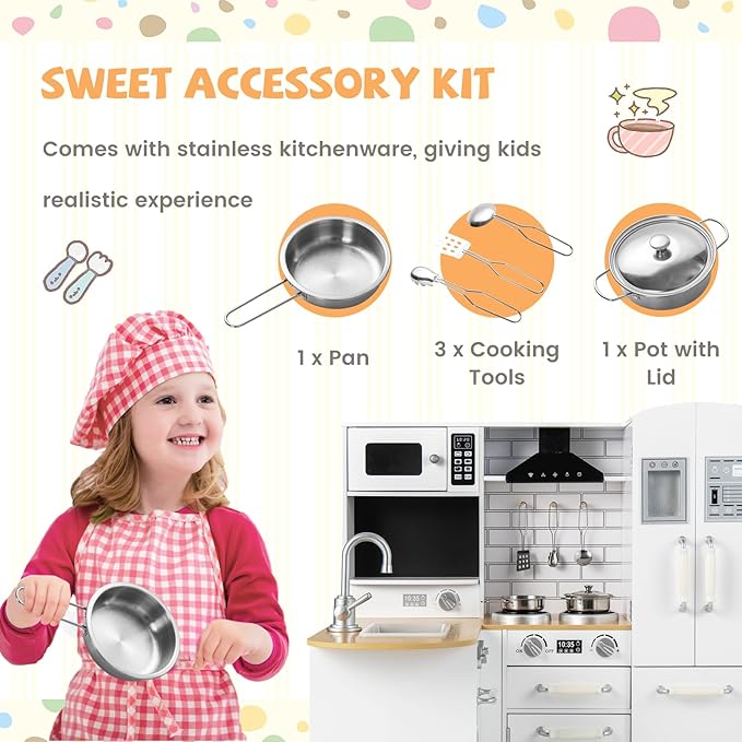 Kids Corner Play Kitchen, Wooden Toy Kitchen Set with Lights & Sounds, Pretend Play Kitchen for Kids with Kitchen Accessories,11-in-1 Toddler Kitchen Gifts for Ages 3+