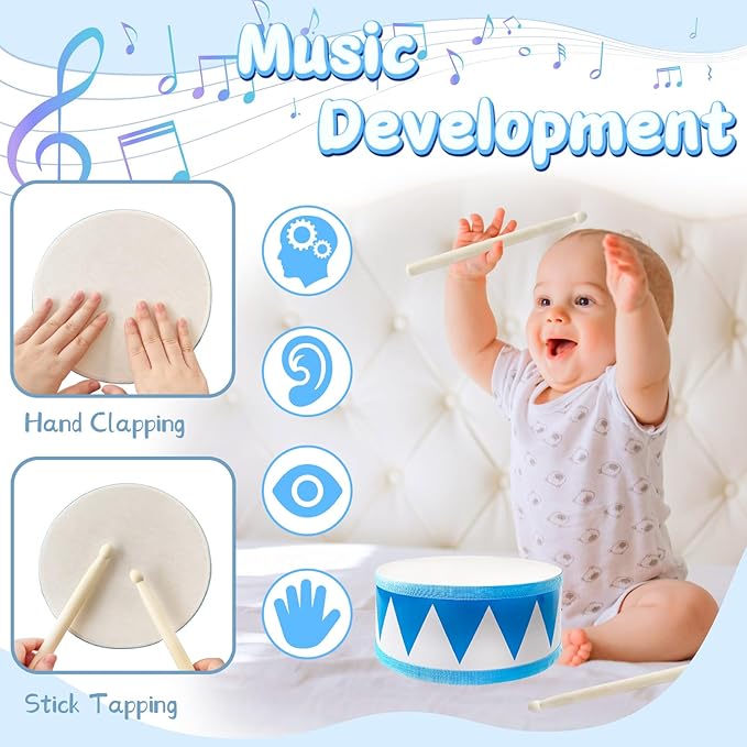 Kids Drum Set,8 Inch Wooden Drum Toys,Educational Baby Drum Toys with an Adjustable Strap and 2 Drumsticks,Sensory Musical Instrument Drum for Toddler,Kids,Boys & Girls