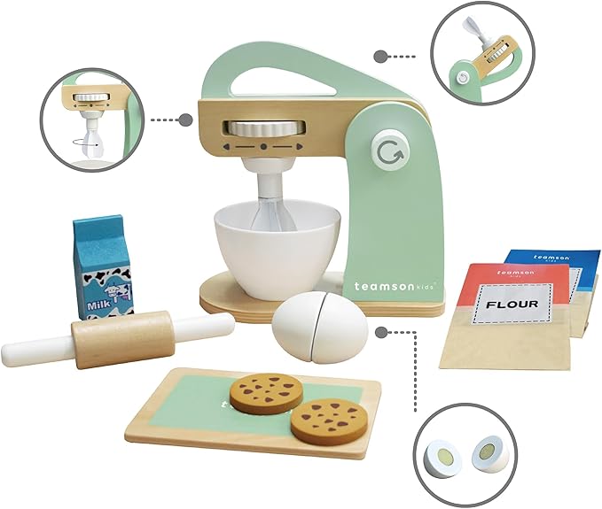 Teamson Kids - Little Chef Frankfurt Wooden Mixer Play Kitchen Accessories - Green- 10 pcs