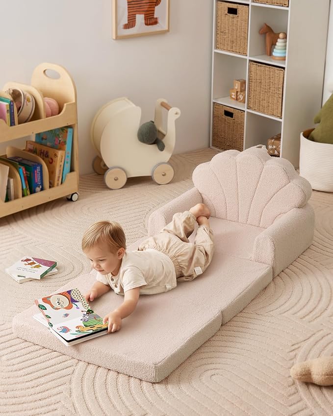 Blissful Diary Kids Couch, 2-in-1 Soft Toddler Couch Fold Out, Toddler Chair Comfy, Convertible Sofa to Lounger with Cute Shell Designs, Beige