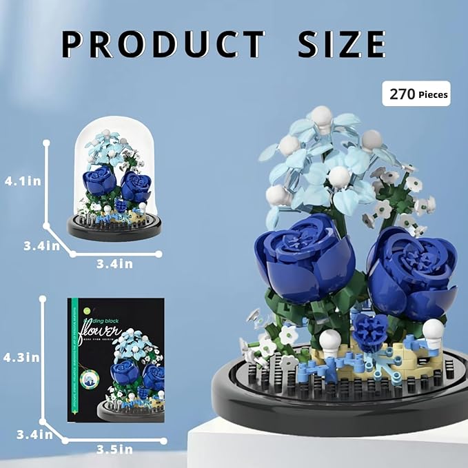 Blue Rose Flowers Micro Bricks Building Set with Dust Cover,Artificial Flowers Botanical Collection for Home Decor, Creative Gifts for Adults Women Boys Girls,270 Pieces