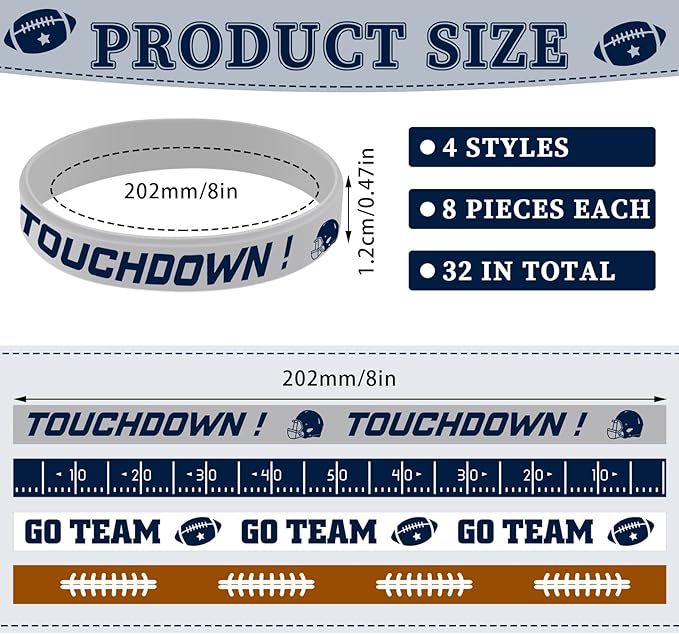 Deekin 32 Pcs Football Silicone Bracelets Football Party Favor Bracelet Football Motivational Rubber Bracelets for Men Women Fan Party Favors Sport Theme Birthday Party Supplies Gifts (Classic)