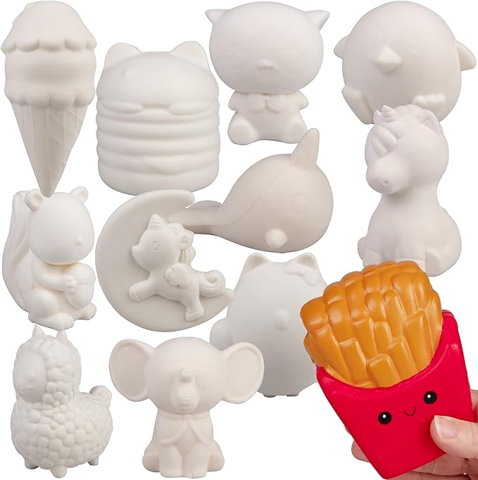 DIY Party Craft Kit Jumbo Blank Slow-Rising Squishies -12 Different 4-6" Designs -White Kawaii Sqwishy Toys for Painting, Soft Scented Stress Relief Art Crafts -Kids Holiday Birthday Activity Gift