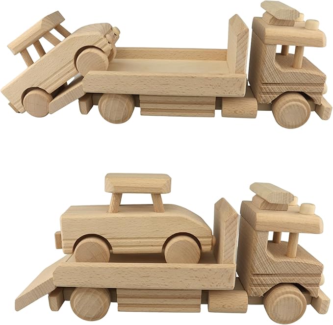 Wooden Towing Truck Toy with Wooden Car - Tow Truck - Sturdy Toy Vehicle for Toddlers - DIY Toys - Semi Trailer Truck Prepared for Paint - Wooden Trucks