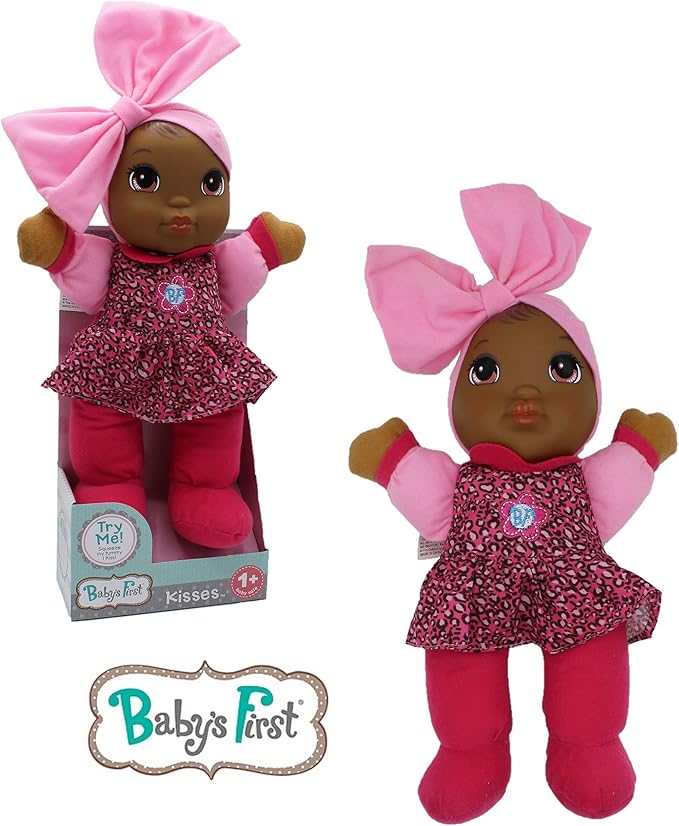 Baby's First Soft & Cuddly Baby Kisses African American Doll - Dressed in Print Top and Leggings - Press her Tummy for a Sweet Kisses Sounds and Says I Love You