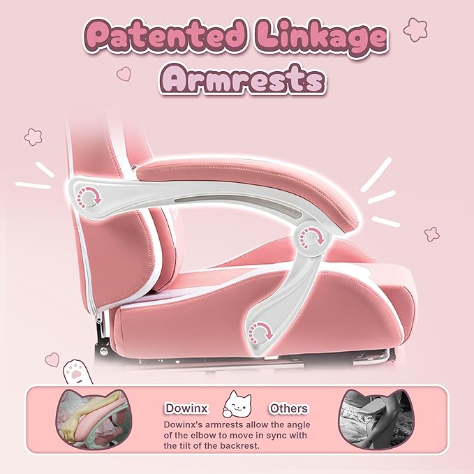 Dowinx Gaming Chair Cute with Cat Ears and Massage Lumbar Support, Ergonomic Computer Chair for Girl with Footrest and Headrest, Comfortable Reclining Game Chair 290lbs for Adult, Teen, Pink