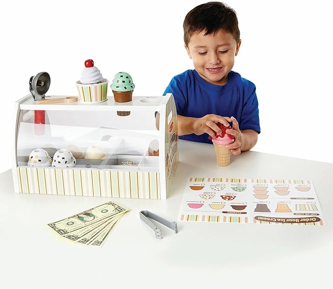 Melissa & Doug Wooden Scoop and Serve Ice Cream Counter (28 pcs) - Play Food and Accessories