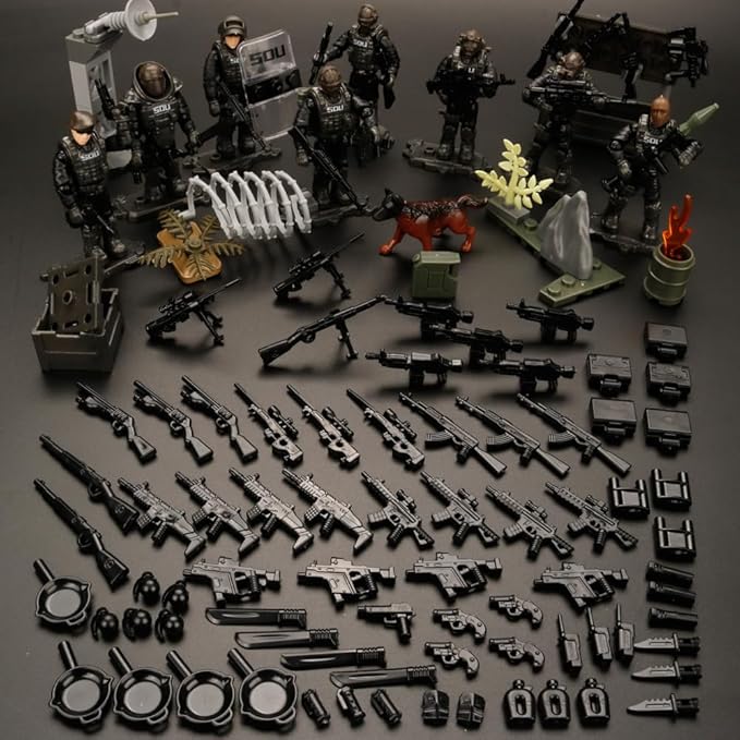 8 PCS Building Block City Policeman Mini-Figures with Multiple Military Weapons Accessories SWAT Equipment Military Vehicle Army Car Assembly Building Toys Gift for Boys