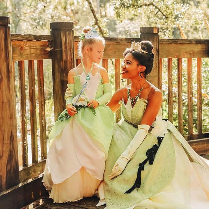 Princess Tiana Costume Dress up Accessories for Girls Tiana Cosplay Accessories Christmas Gifts Set Tiana Gloves Tiara Crown Necklace Wand Earrings Ring Princess Accessories for Girls