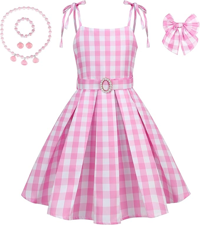 Girls Pink Plaid Costume Strap - Kid Dress Movie Cosplay Outfits Halloween Gingham Birthday Costumes