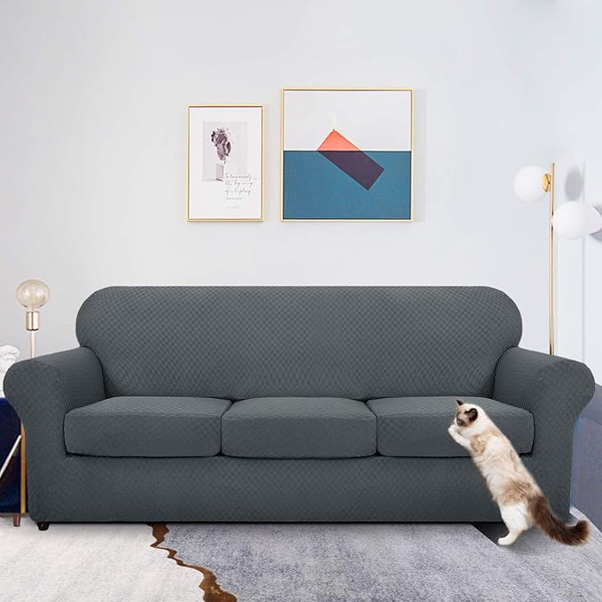 MAXIJIN 4 Piece Jacquard Extra Large Couch Covers for 3 Cushion Couch Super Stretch Non Slip Couch Cover for Dogs Pet Friendly Sofa Slipcover Furniture Protector (Oversized Sofa, Dark Gray)