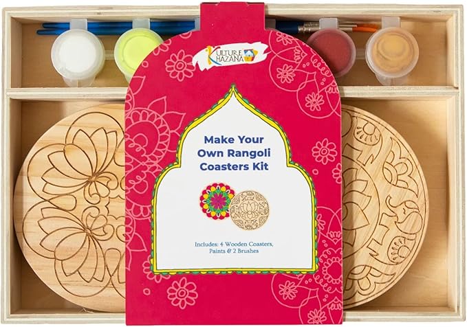Make Your Own Rangoli Coaster Kit - DIY 4 Wooden Coasters, Kulture Khazana, Use for Holi Activity, Party Or Decoration