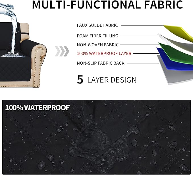 Easy-Going Sofa Slipcover Waterproof Sofa Cover Couch Cover for 4 Cushion Couch with Elastic Straps Washable Non-Slip Furniture Protector Cover for Pets, Dogs, Cat (XX-Large, Black)