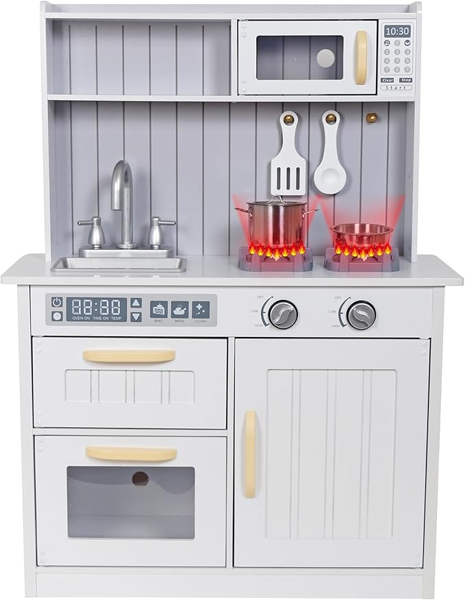 Kids Kitchen Playset,Children Play Kitchen for Toddler,Baby Toy Kitchen Set,Pretend Wooden Kitchen,Birthday Gifts with Play Sink Toy,Lights Sounds, Cooking Set for Kids Ages 3+Boys Girls
