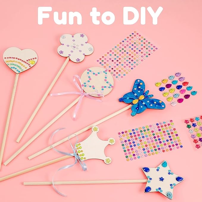 Pllieay Princess Fairy Wands Kit Include 18 Pieces 6 Styles Unfinished Wooden Princess Wand and 4 Gem Stickers Princess Art Magical Show for Party Supplies