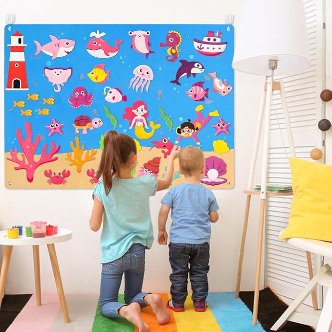WATINC 45Pcs Pink Under The Sea Teaching Felt Board Story Set 3.5 Ft Ocean Creatures Aquarium Storytelling Flannel Interactive Play Kit with Mermaid Diver Shark Reusable Wall Hanging Gift for Toddlers