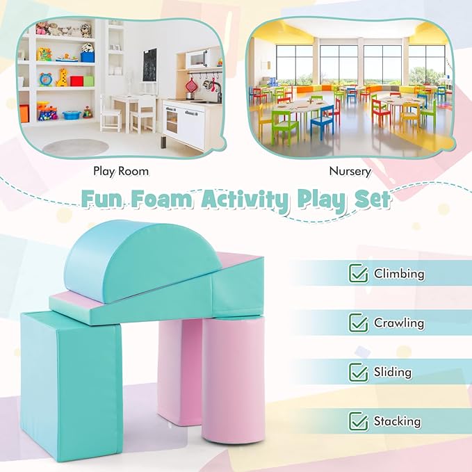 HONEY JOY 5-Piece Climb and Crawl Playset, Soft Climbing Foam Block Activity Play Structure Gym Equipment for Infant Baby, Color Coordination, Waterproof Indoor Climbing Toys for Toddlers (Green)