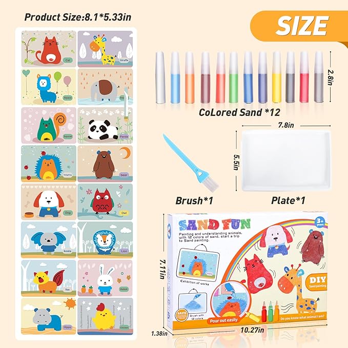 Colorful Sand Art Kit Crafts for Kids Ages 4-8,12 Colored Sands,16 Animal Sand Art Pictures - DIY Crafts Set for Girls and Boys,Arts and Crafts for Kids Ages 8-12