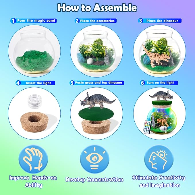 Hollyhi Light Up Terrarium Kit for Kids, DIY Dinosaur Toys for 3 4 5 6 7 8 9 10 11 12 Year Old Girls Boys, Night Light Dinosaur Terrarium Kit Arts and Crafts for Girls, Kids Christmas Birthday Gifts