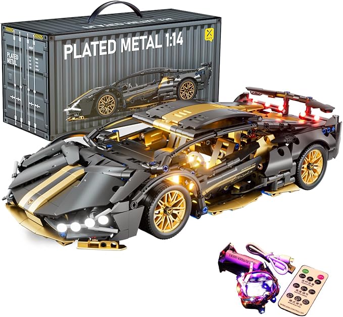 Sport Race Car Building Block Sets for Adults Boys,Black Racing Supercar Toys Kits with LED Light Collectible 1:14 MOC Model Construction Birthday Gifts for Teens Age 8-12 12-16,14 14+