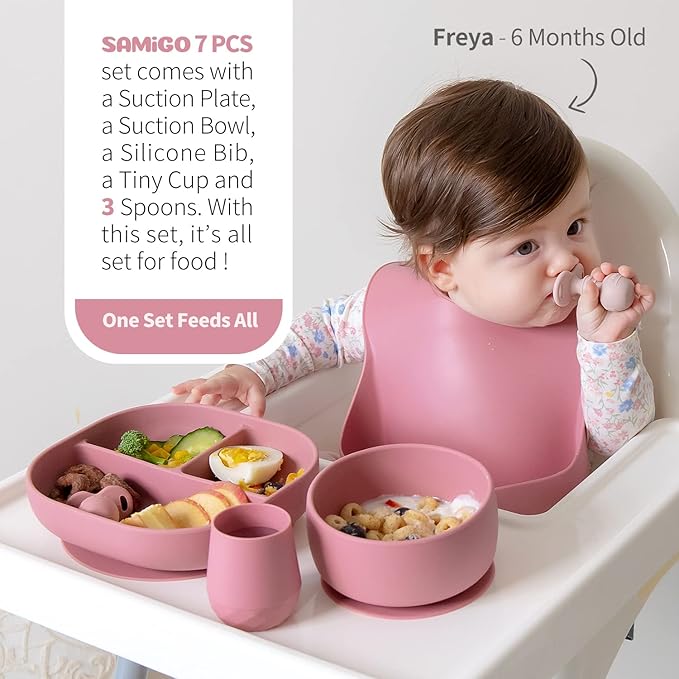 SAMiGO Silicone Baby Feeding Set, Baby Led Weaning Supplies, Suction Bowl Plate Bib Cup Self Feeding Spoons, Solid Food Eating Essentials, First Stage Utensils, 6+ Months