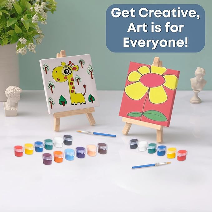 Set of 12 Mini 4x4 Canvas and Easel Set with 10 Colors Acrylic Paint - Bulk Kids Art Party Favors & Supplies - Mini Paint Party Kits - Kids Canvas Painting Set - Paint & Sip Kit