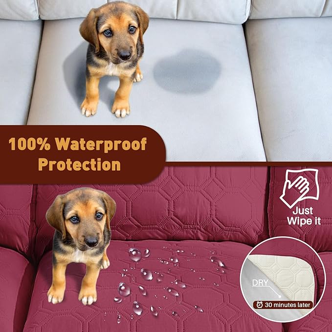 XINEAGE 100% Waterproof Recliner Chair Cover, Non Slip Covers for Recliner Chair with Pocket, Washable Dog Recliner Couch Cover with Elastic Straps (Wine Red, 22")