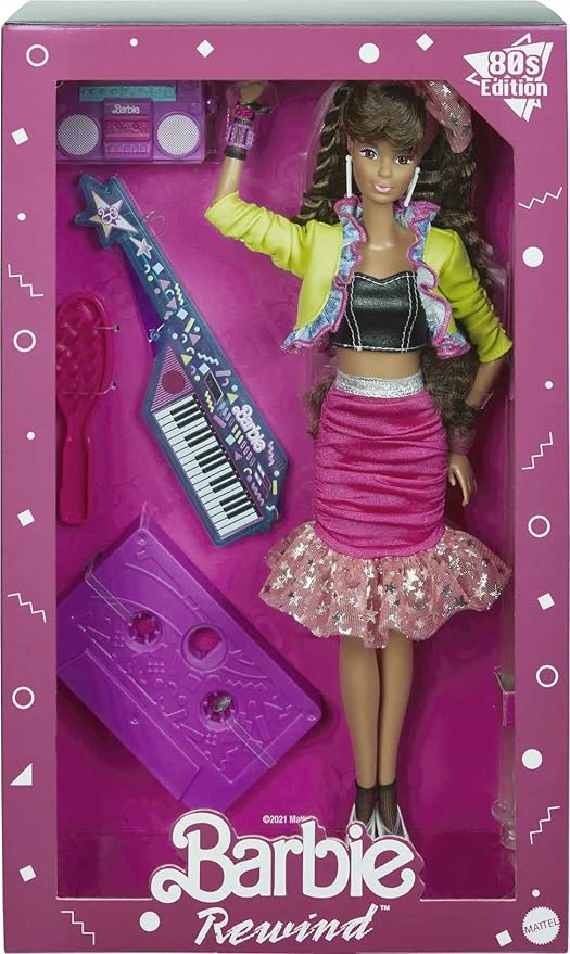 Barbie Rewind 80s Edition Dolls’ Night Out Doll, Brunette in Party Look Featuring Neon Jacket, Skirt & Accessories with Cassette Tape Doll Stand