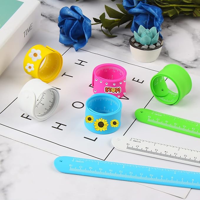 CCINEE 20PCS Silicone Ruler Slap Bracelets, Assorted Ruler Snap Bracelets Colorful Silicone Wristband with Scale for Kids Craft Classroom Prizes Gift Exchange Party Favors