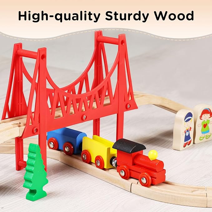 SainSmart Jr. Wooden Train Set - Interactive Police Playset for Kids | Building Toy with Train, Figures & Accessories | Compatible with Brio, Thomas, Melissa and Doug | Educational STEM Gift (Village)