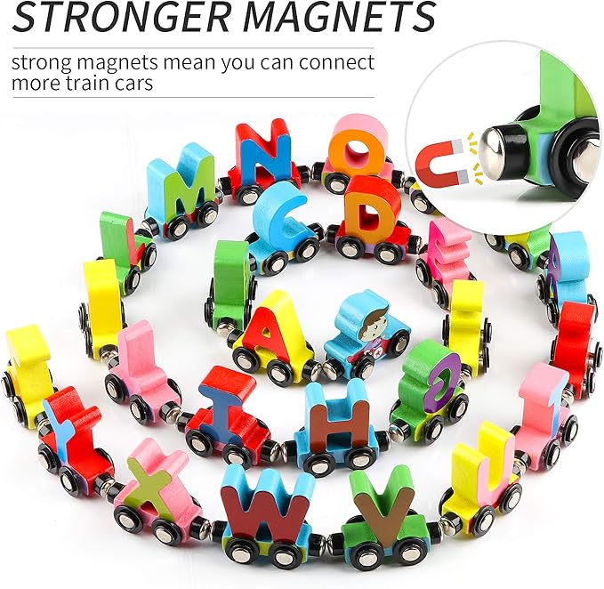 Wondertoys 27 PCS Wooden Alphabet Train Toy Wooden Magnetic Alphabet ABC Train Set Includes 1 Engine Letter Cars for Toddlers Boys and Girls, Compatible with Major Brands Train Set Tracks