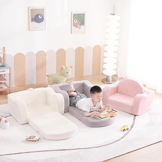Tiita Kids Sofa, 2-in-1 Kids Sofa Chair, Convertible Chirldren Couch to Lounger, Flip Out Kids Sofa Chair, Toddler Armrest Chair Bed, Folding Kids Play Sofa for Girl or Boy, Grey