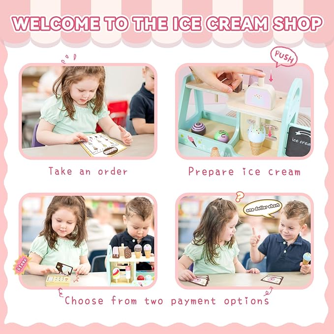 Wooden Ice Cream Counter Playset for Kids, 19pcs Ice Cream Toys for Toddlers, Ice Cream Shop Toys for Kids Ages 3+, Play Food and Accessories Pretend Food Toys for Girls Boys
