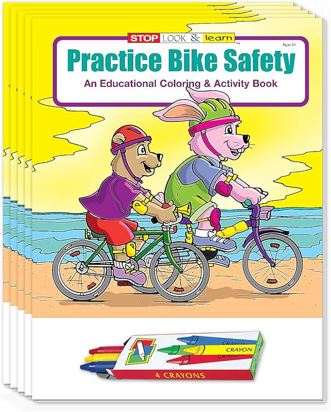 ZOCO - Bike Safety - Educational Coloring Books (50 Bulk Pack, with Crayons) - Bicycle Rules, Road, Helmet Safety - Games, Puzzles, Activities for Kids