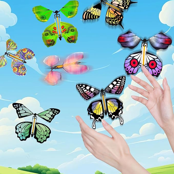 SANYIYIBA 12 Pcs Flying Butterfly Toy Magic White Painting Butterflies Wind Up Butterflies Toys Painted Craft Card Set Gift for Kids on Birthday Wedding Party