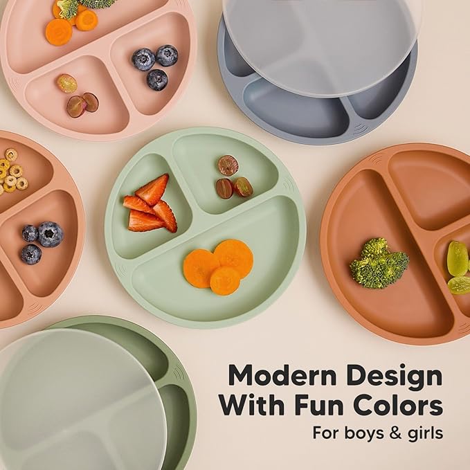 KeaBabies Suction Plates with Lids for Baby - 3-Pack 100% Silicone Suction Plates for Baby, Kids,Toddler Plates,Divided Baby Plates with Suction,Lids, BPA-Free, Microwave, Dishwasher Safe (Slate)