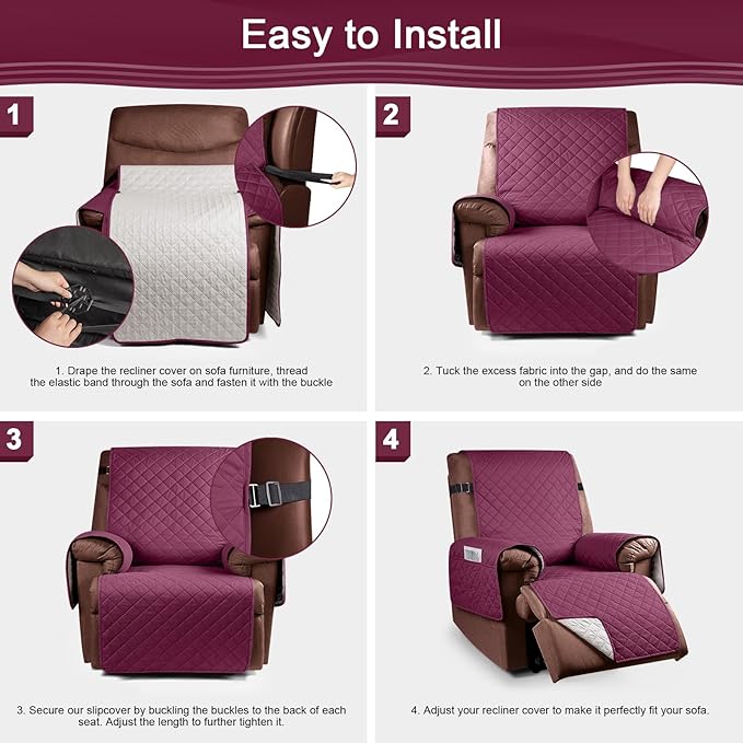 KinCam 100% Waterproof Recliner Chair Cover, Reclining Couch Covers for Pets, Dogs, Recliner Couch Slipcover Furniture Protector with Elastic Straps for Kids(28", Burgundy)