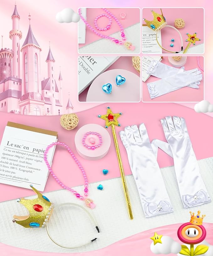 TOLOYE Princess Peach Costume for Girls,Princess Peach Dress with Accessories for Birthday Party Cosplay Halloween Christmas