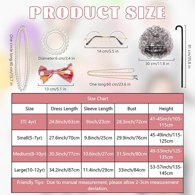 Old Lady Costume for Kids Girls, 9Pcs 100th Days of School Grandma Outfits with Wig Cane, Granny Cosplay Dress Up