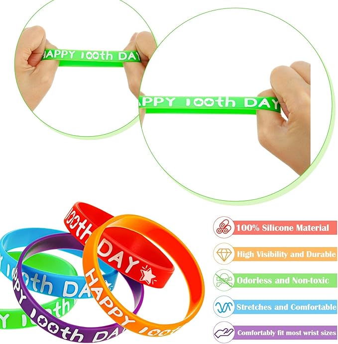WILLBOND Happy 100th Day of School Silicone Bracelets Colorful Rubber Wristbands Gift for Kindergarten Teacher Student Rewards Classroom Party Supplies Decoration(50)