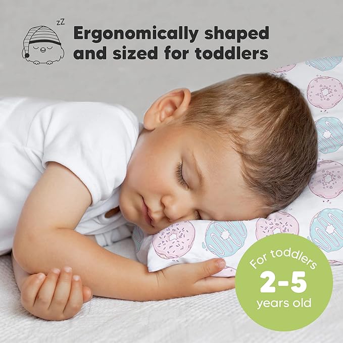 Toddler Pillow with Pillowcase - 13x18 My Little Dreamy Pillow, Organic Cotton Toddler Pillows for Sleeping, Kids Pillow, Travel Pillows, Mini Pillow, Nursery Pillow, Toddler Bed Pillow (Donuts)